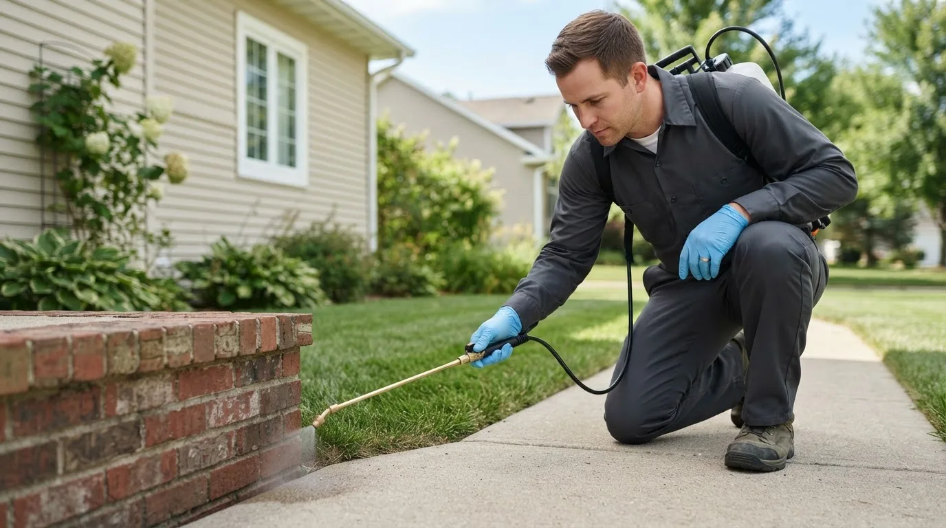 Pest control technician treating a home near Fort Atkinson, IA
