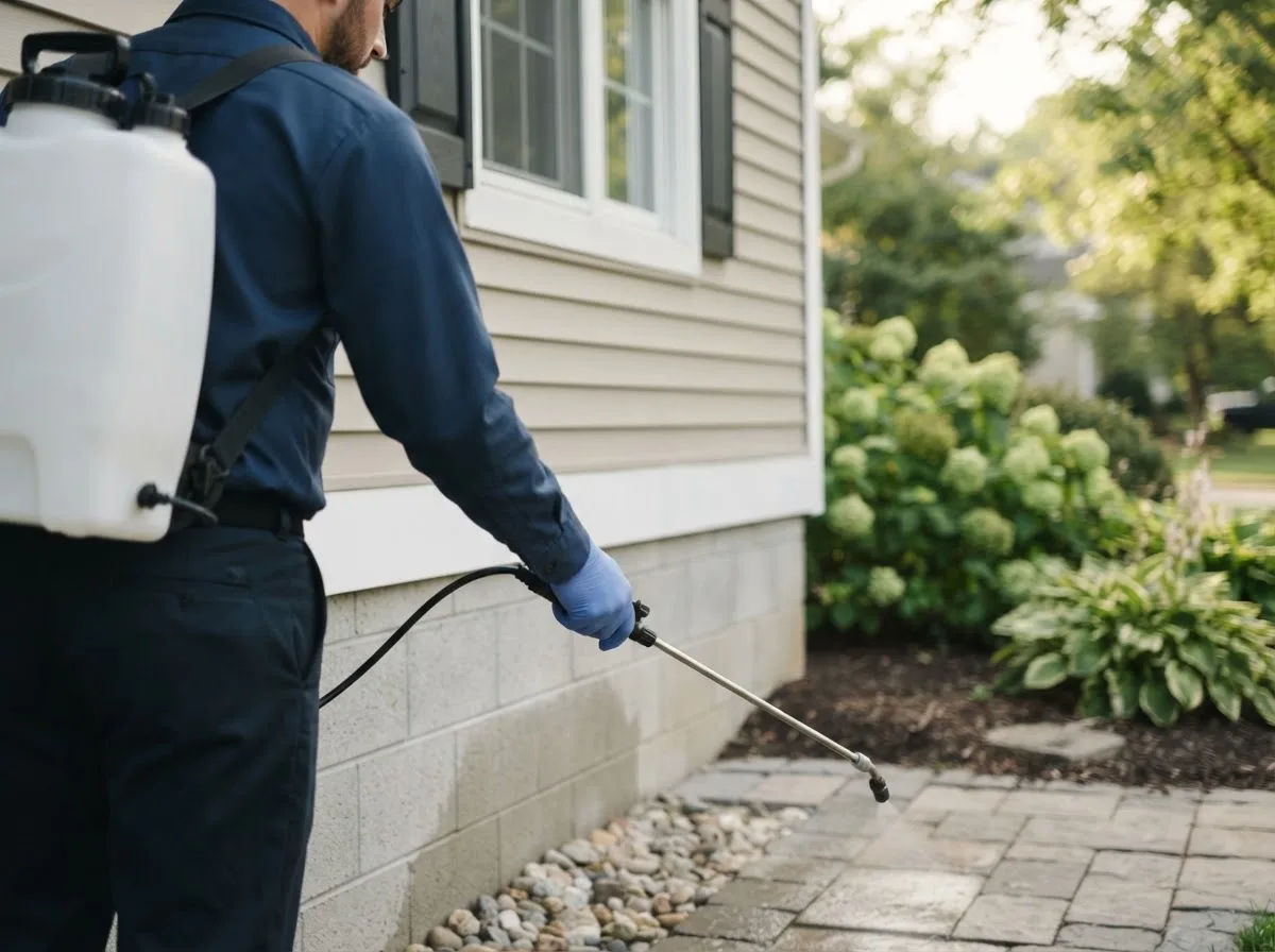 Pest control technician inspecting a home in Fort Atkinson, IA